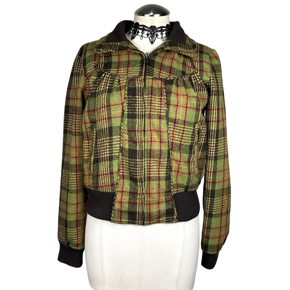 Vtg Y2K Miss Lili Plaid Zip Up Bomber Jacket Coquette Cottage Core Grunge Sz M